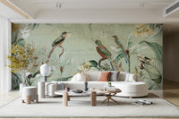 Vintage tropical mural with jungle scenery.

