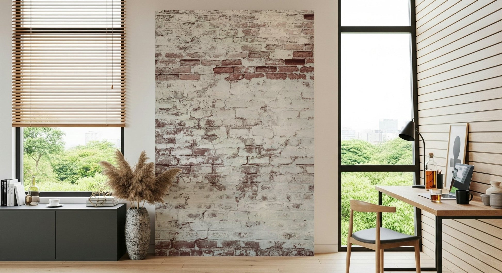 Close-up on the distressed white texture of the Vintage Brick mural., GD6099