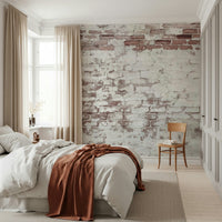 Peel and stick Washed Brick installed behind a sleek metal desk., GD6099