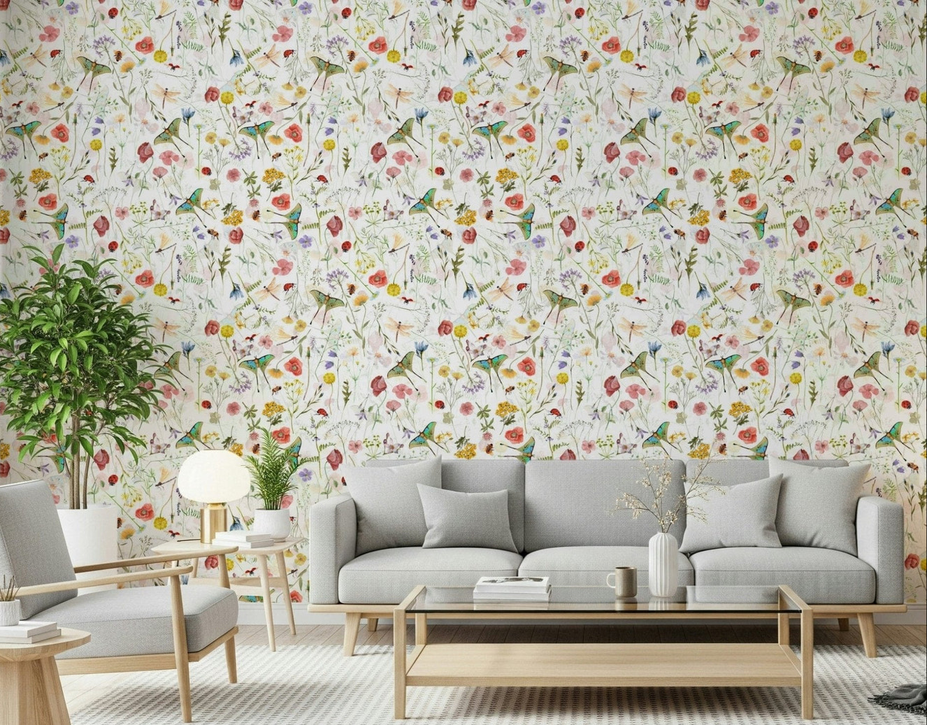 Watercolour wildflowers Vintage Meadow butterflies wallpaper.