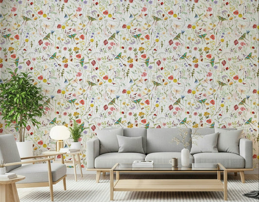 Watercolour wildflowers Vintage Meadow butterflies wallpaper.