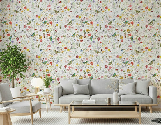 Watercolour wildflowers Vintage Meadow butterflies wallpaper., GD7194