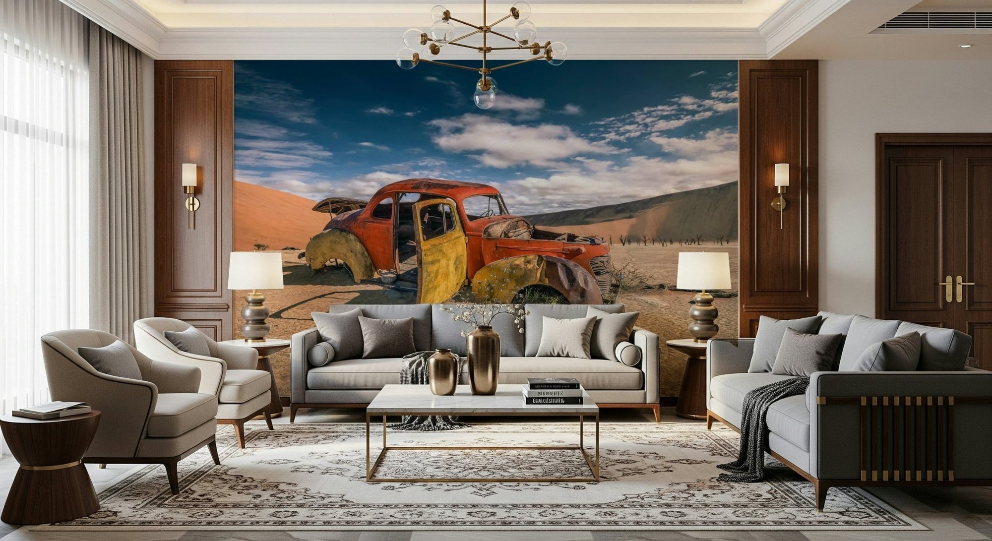 A beautiful vintage wheels wallpaper mural with a desert story landscape., GD5925