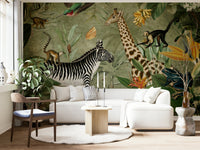 Green tropical jungle mural in vintage design, GD1167
