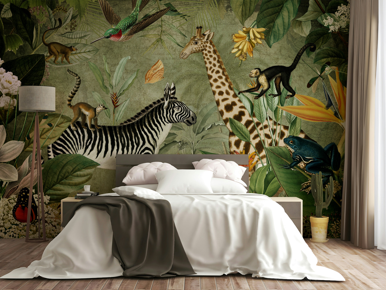 Vintage jungle wall mural with lush green foliage

