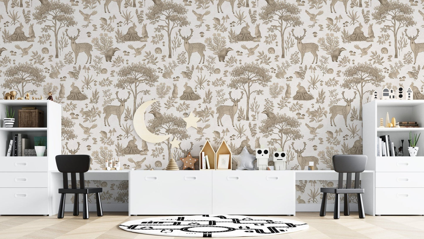 Vintage white wildlife wallpaper design
