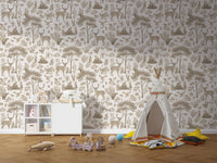 Hand-drawn wildlife wallpaper in white

