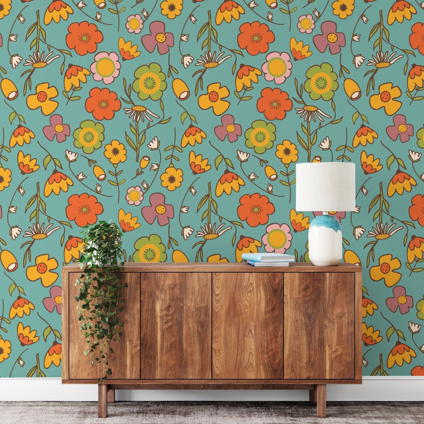 Floral blue vintage wallpaper design for walls