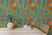 Nature-inspired Vintage Wild Floral Blue Wallpaper