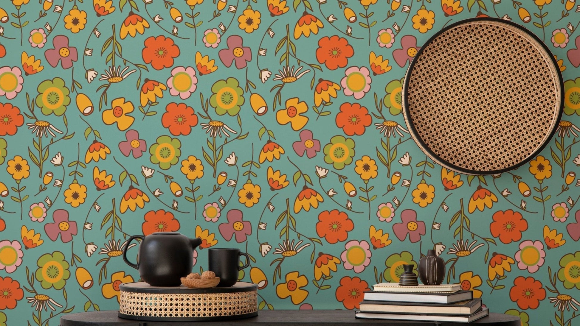 Retro Wild Floral Blue Wallpaper for stylish rooms