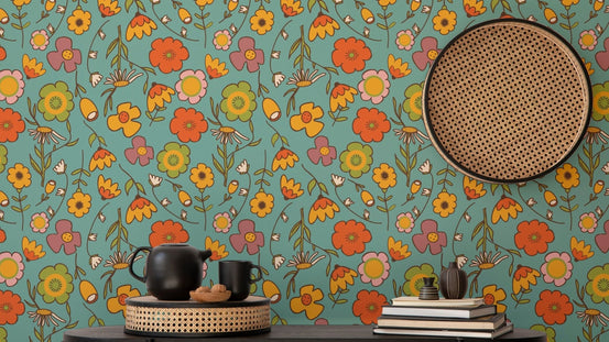 Retro Wild Floral Blue Wallpaper for stylish rooms, SUSCT37
