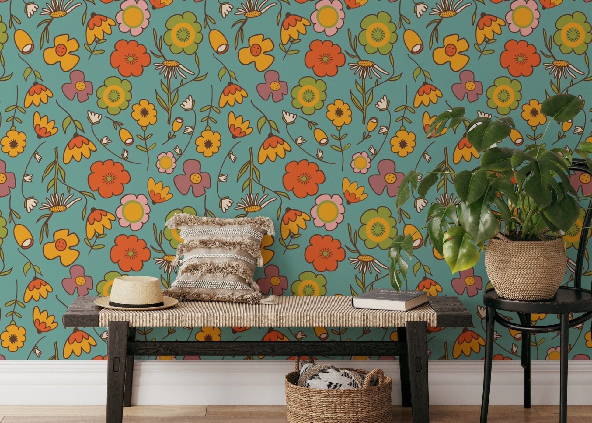 Wild floral vintage blue wallpaper for interiors
