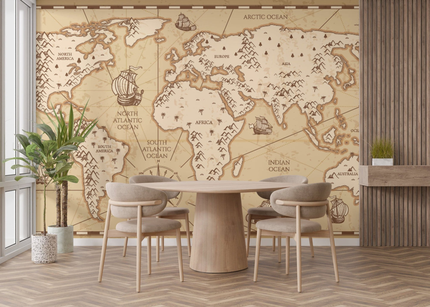 Vintage-style world map wallpaper mural
