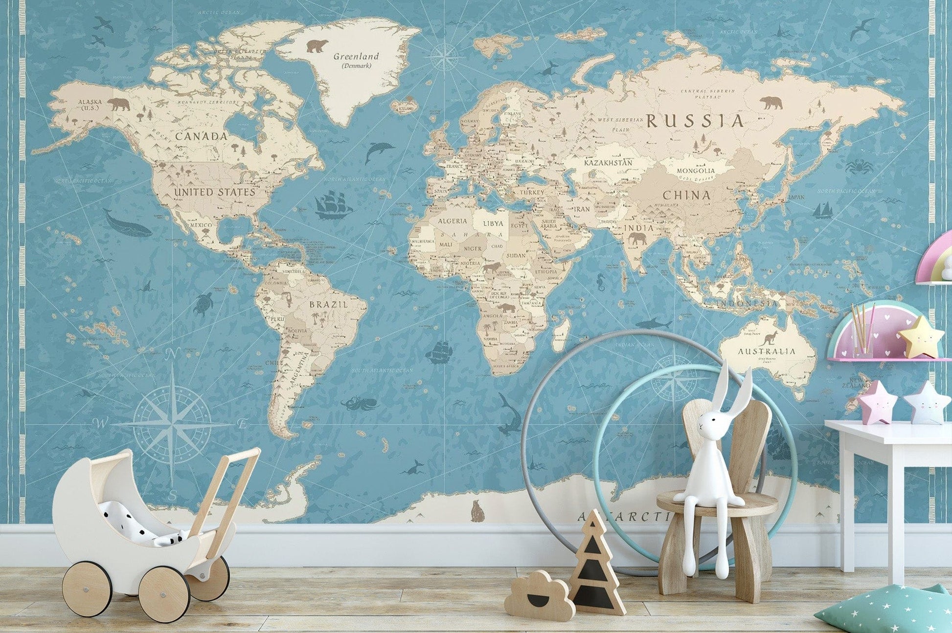 Sepia-toned vintage world map mural for elegant interiors. Map-15