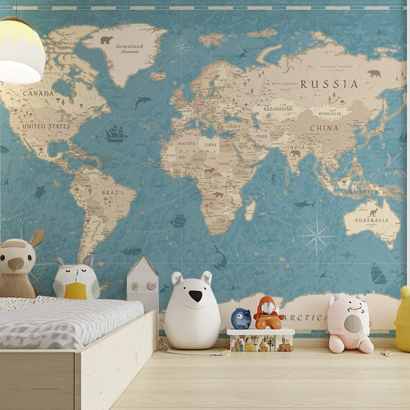 Aged vintage world map mural for heritage-inspired decor. Map-15
