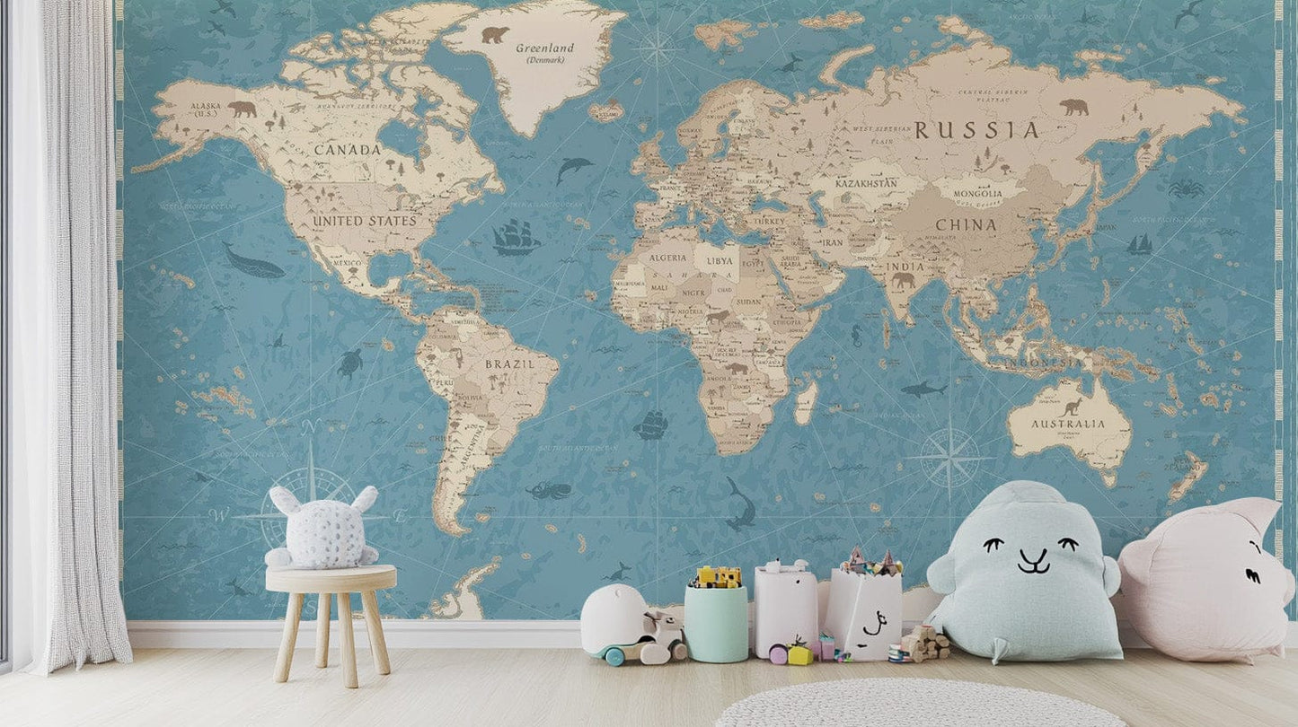 Rustic vintage world map wallpaper for timeless wall decor. Map-15
