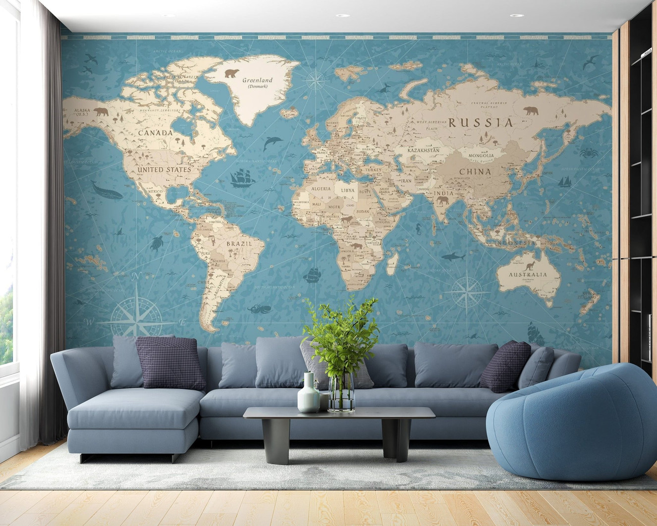Distressed vintage world map mural for authentic decor.