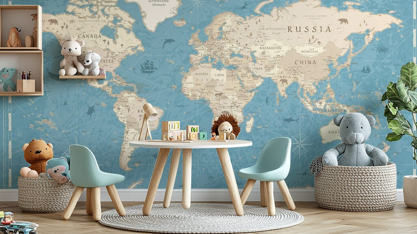 Authentic vintage world map wallpaper mural with soft tones. Map-15