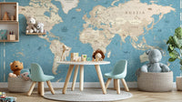 Authentic vintage world map wallpaper mural with soft tones. Map-15