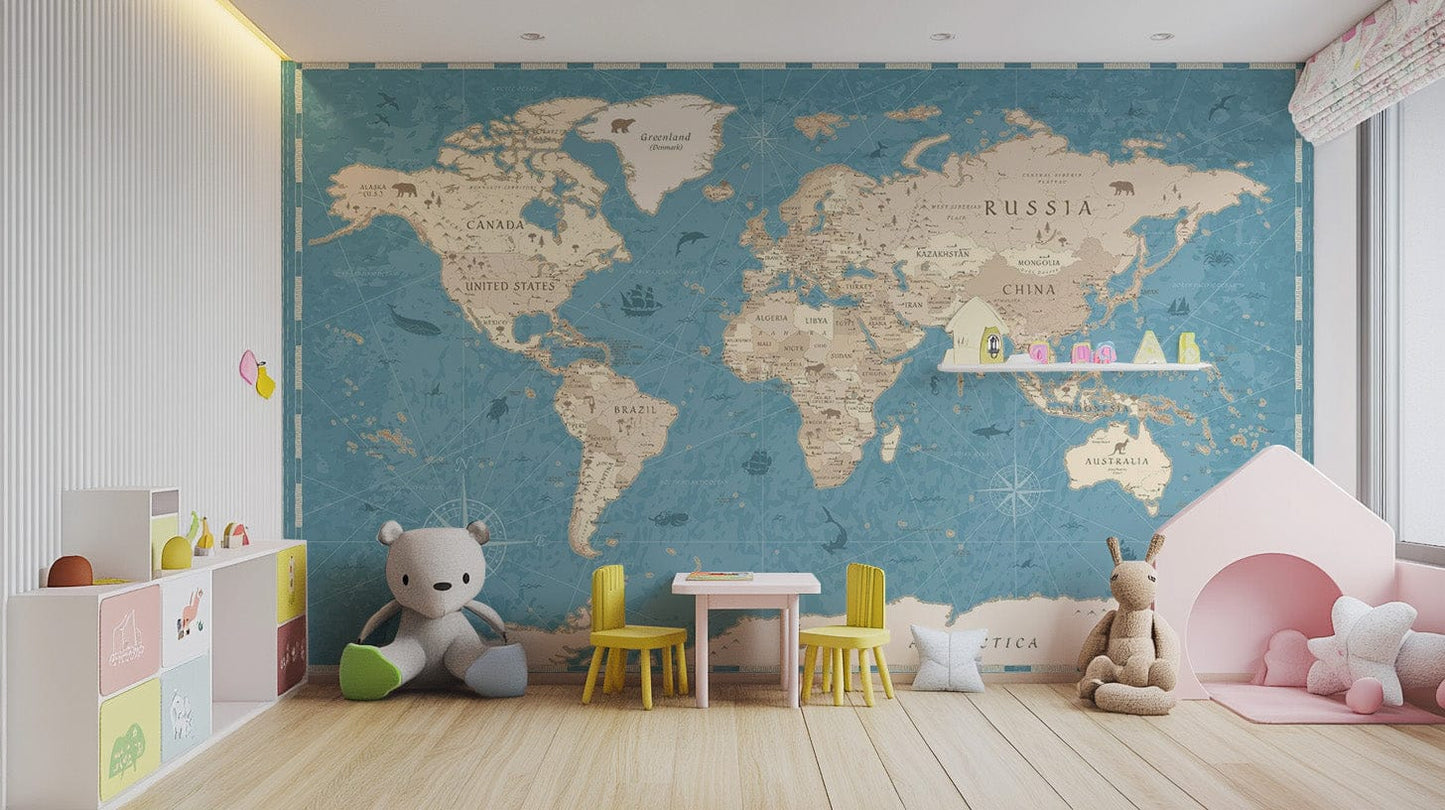 Classic vintage world map wallpaper mural with antique tones. Map-15