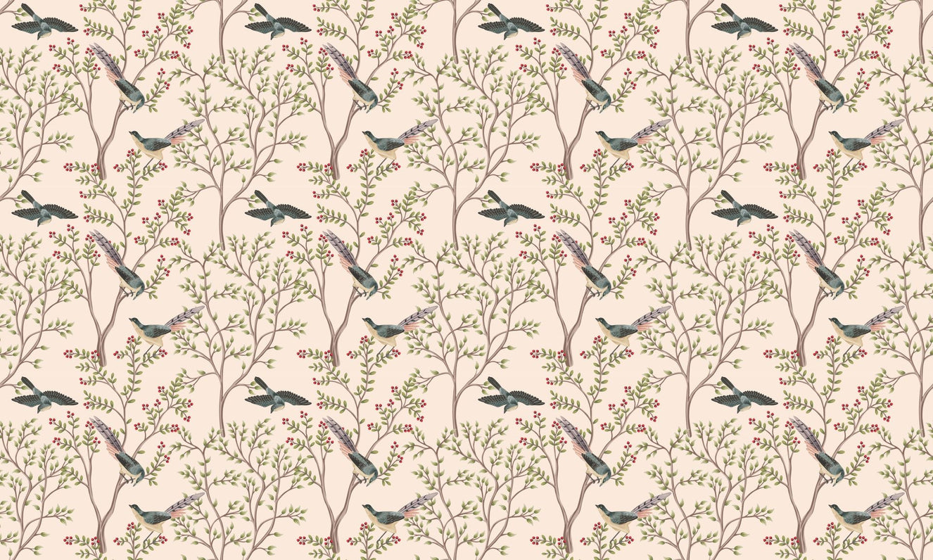 LIght Pink Leaves and Bird Wallpaper Murals