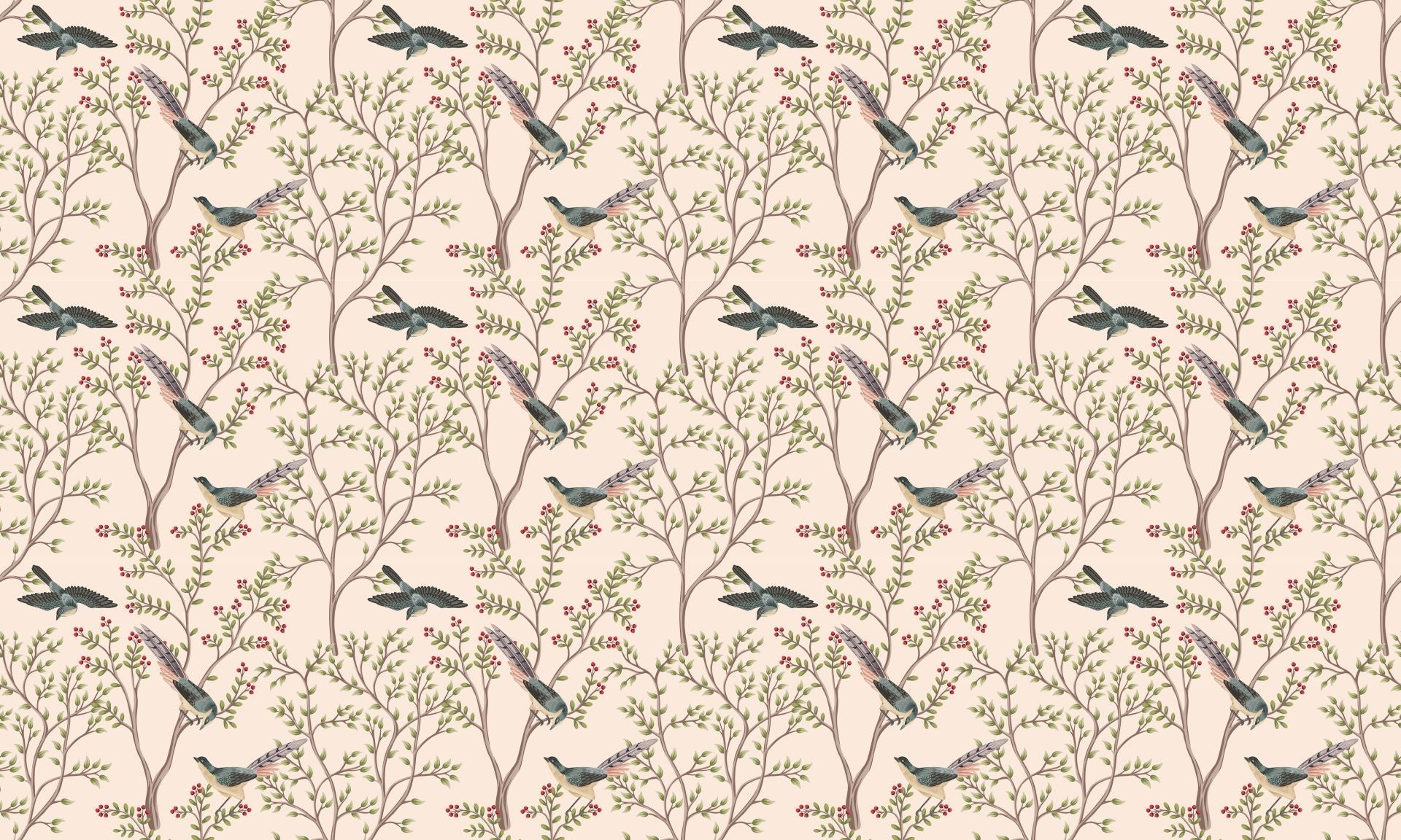 Light Pink Leaves and Bird Wallpaper Murals
