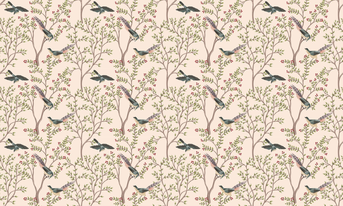 Light Pink Leaves and Bird Wallpaper Murals in your room — zoomed