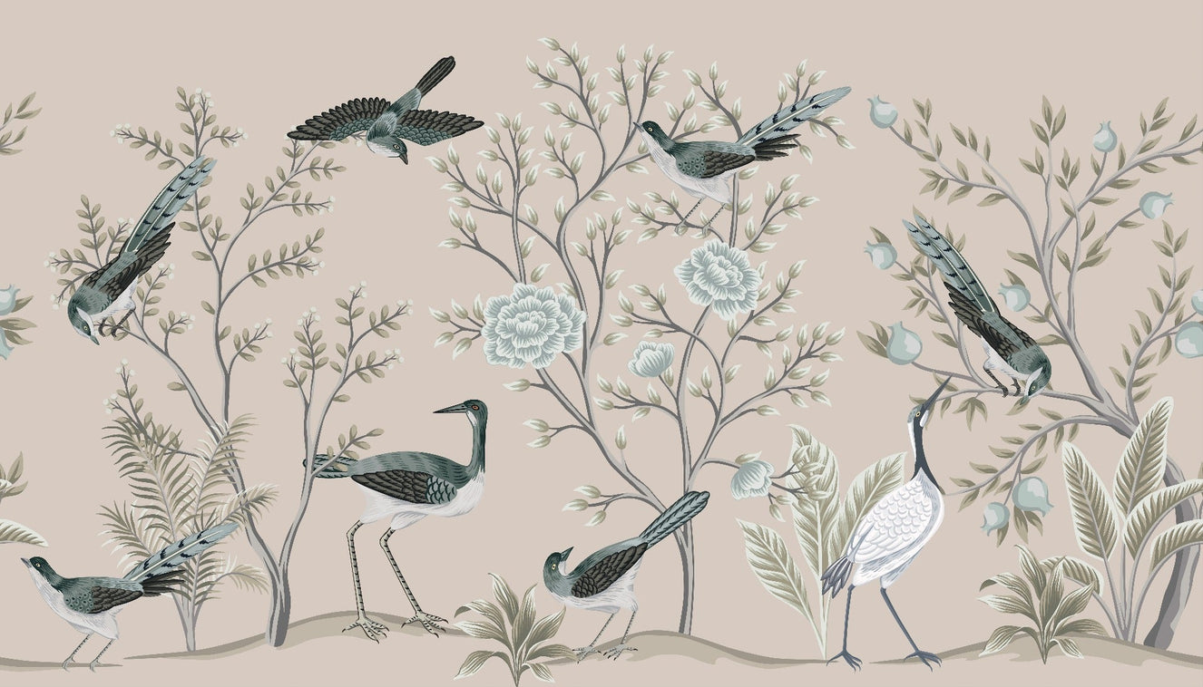 Cream Color Crane Birds on the Vintage Tree Wallpaper Mural