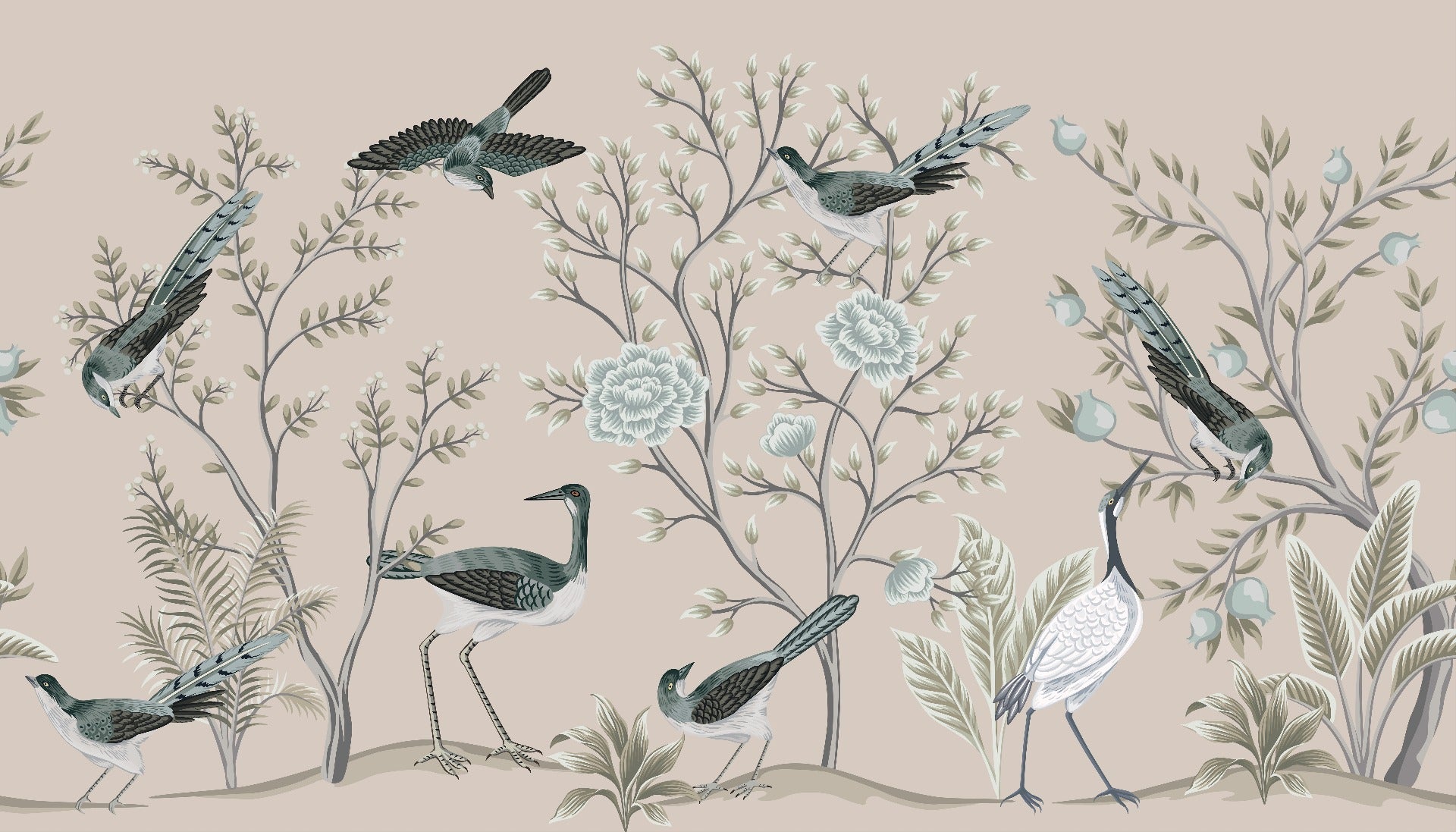Cream Color Crane Birds on the Vintage Tree Wallpaper Mural