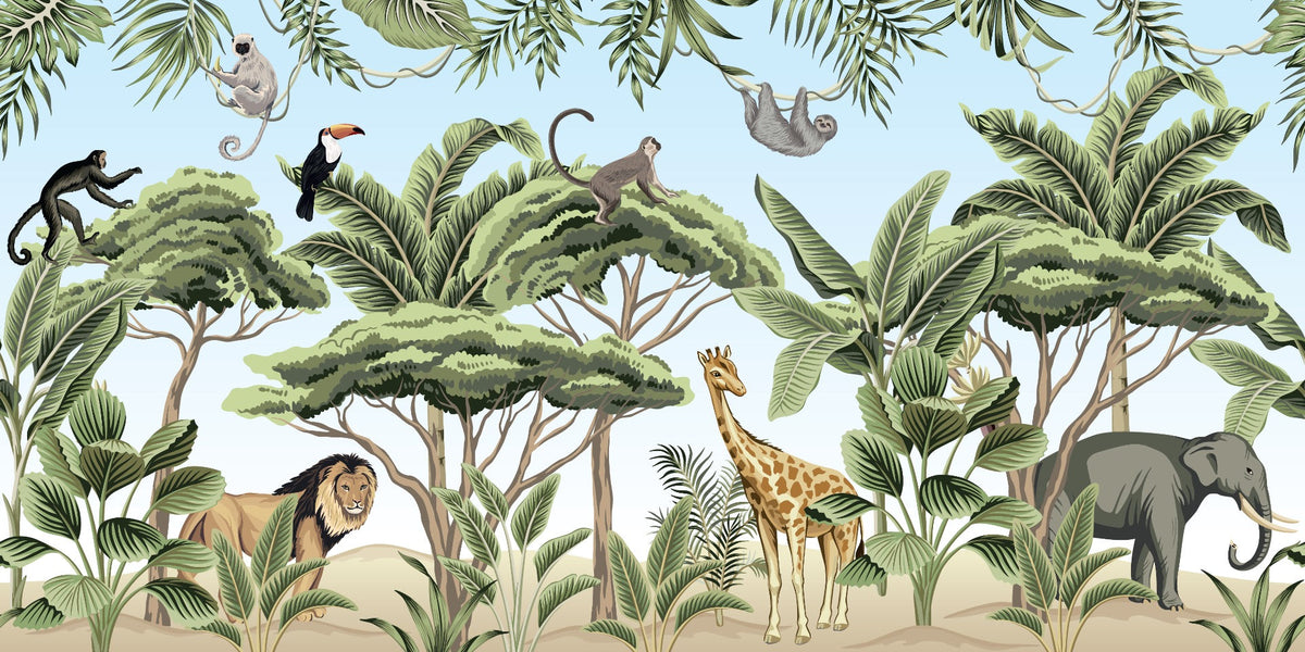 Jungle Adventure Animals Wallpaper Mural in your room — zoomed