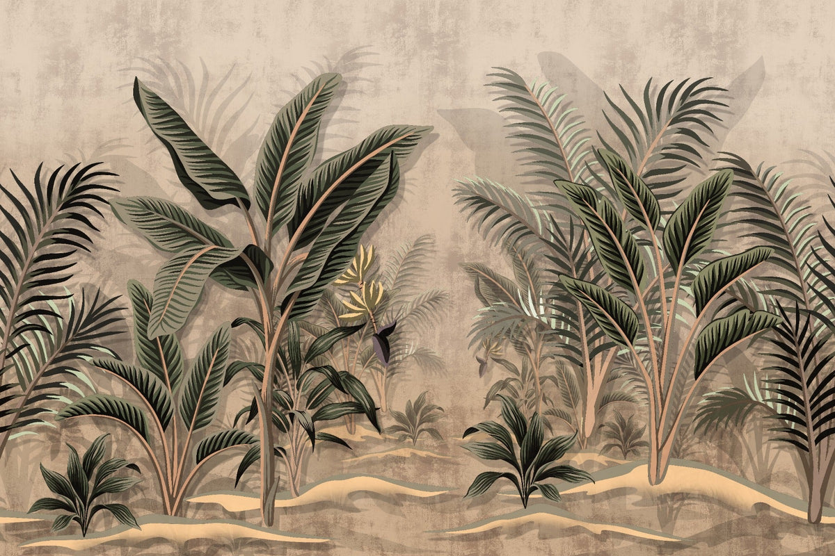 Vintage Tropical Palms Wallpaper Mural in your room — zoomed