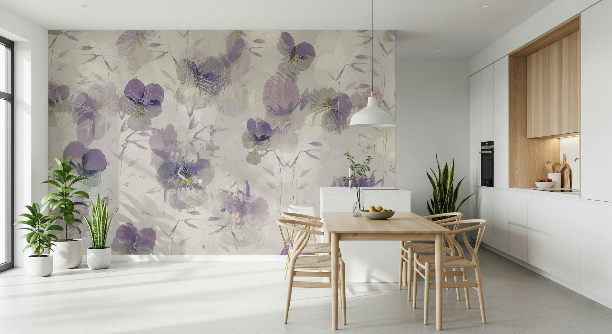 A contemplative floral pattern wallpaper mural for a feature wall.

