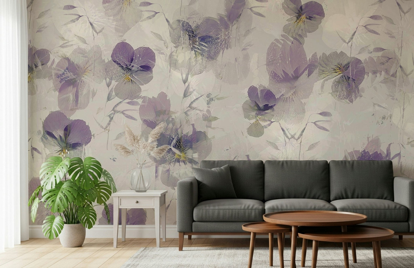 A beautiful violet floral wallpaper mural for a modern home.

