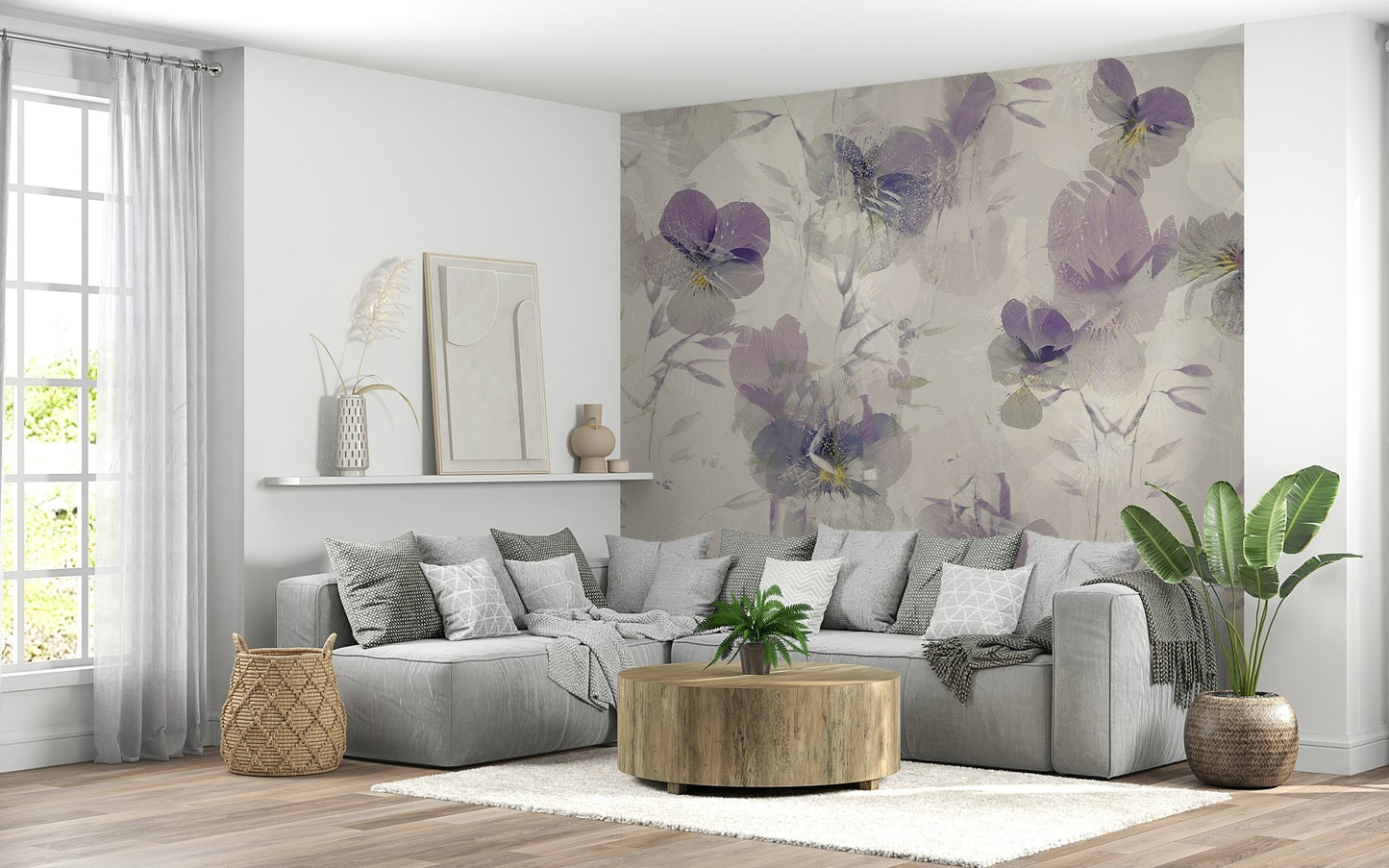 A graceful subtle flower wall mural in soft, violet tones.

