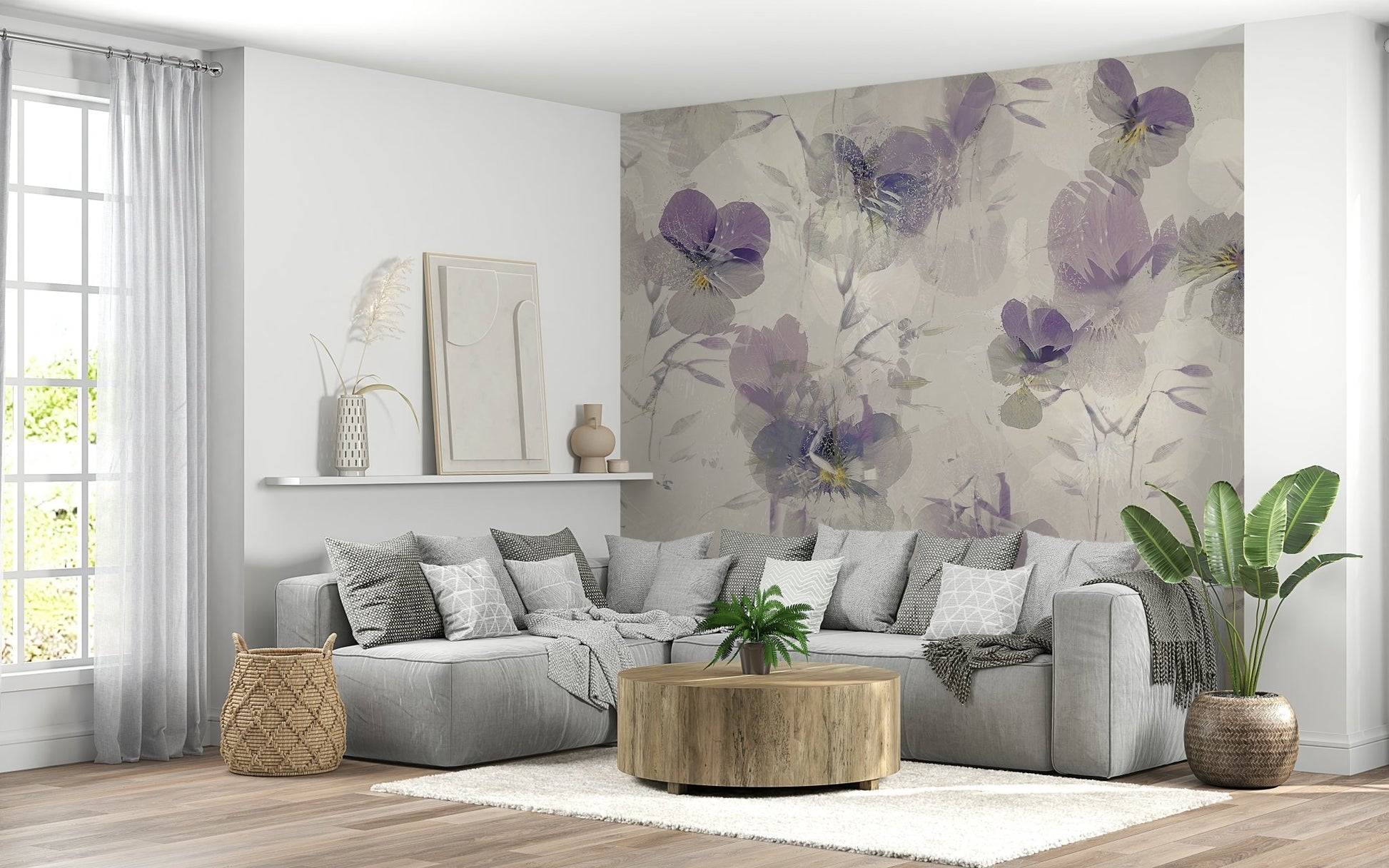 A graceful subtle flower wall mural in soft, violet tones.

