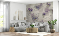 A graceful subtle flower wall mural in soft, violet tones.

