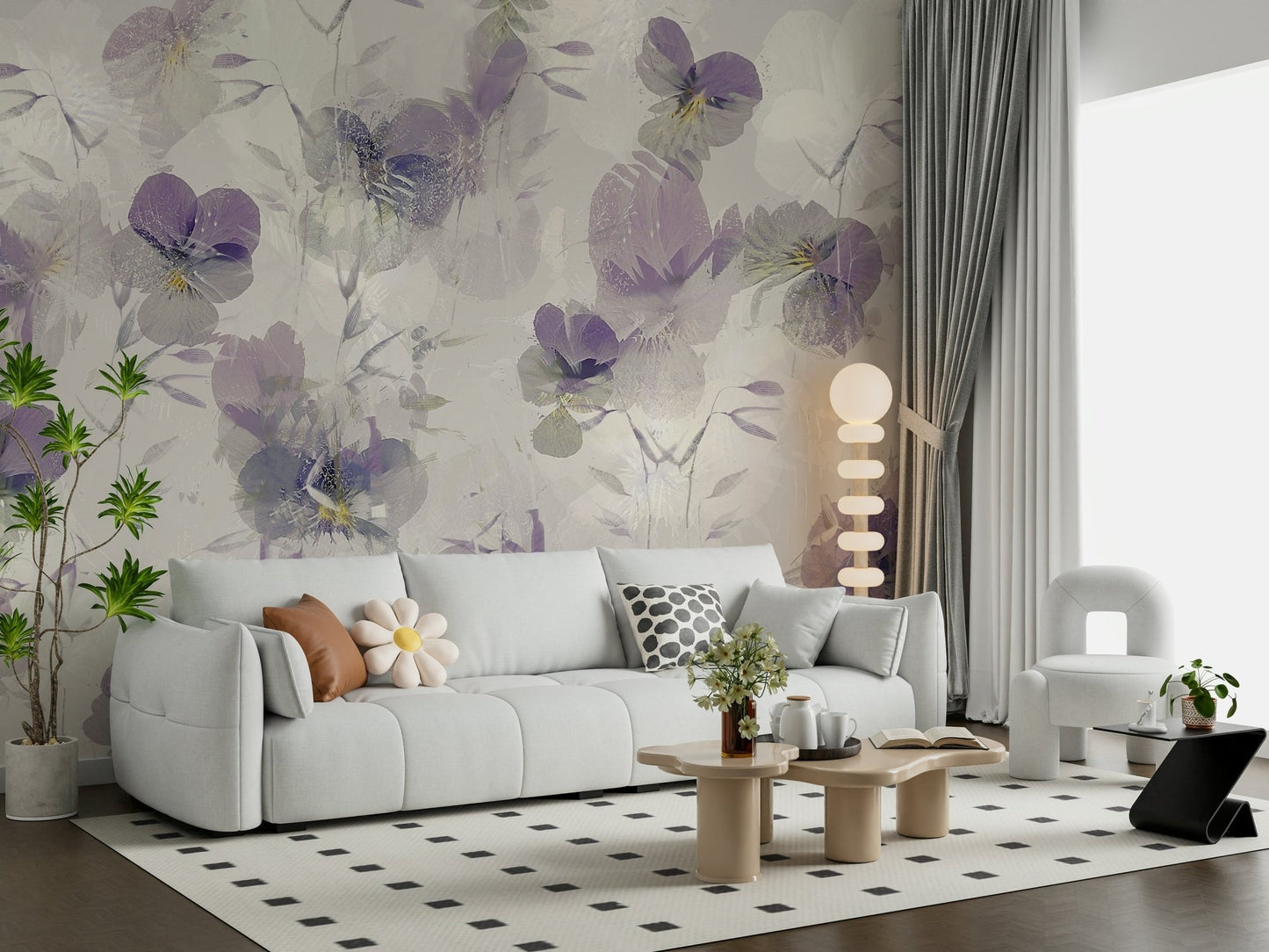 An artistic delicate bloom mural on minimalist wallpaper.

