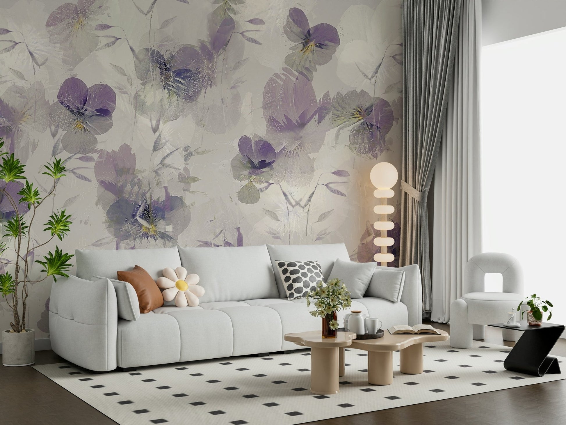 An artistic delicate bloom mural on minimalist wallpaper.

