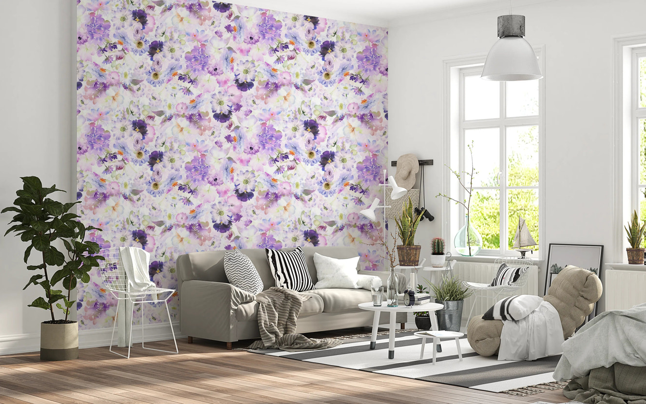 Floral wallpaper with violet bloom pattern