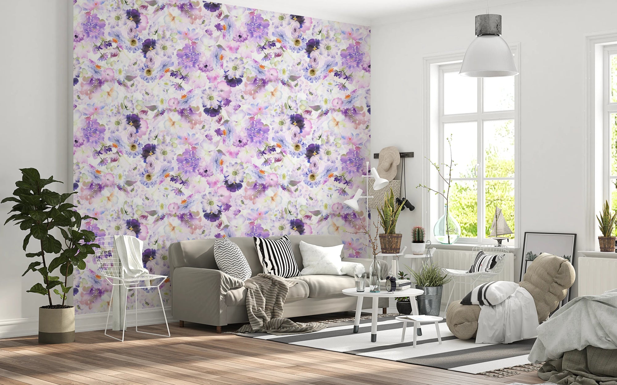 Floral wallpaper with violet bloom pattern, GD8167
