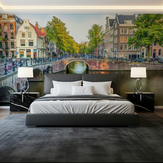 Visit Amsterdam wall mural in a modern living room setting.