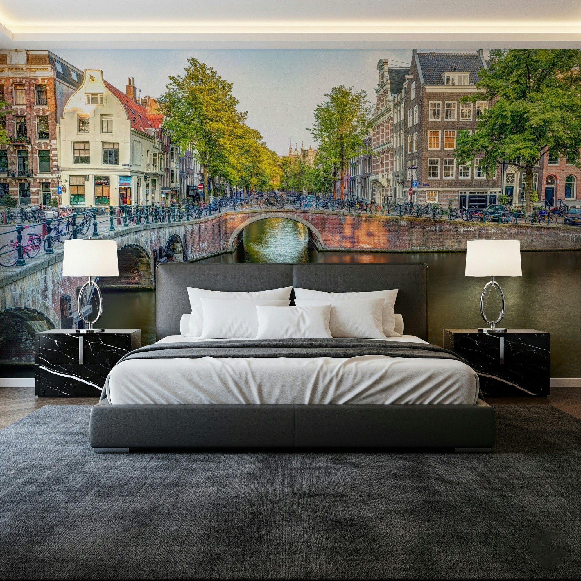 Visit Amsterdam wall mural in a modern living room setting., GD7787