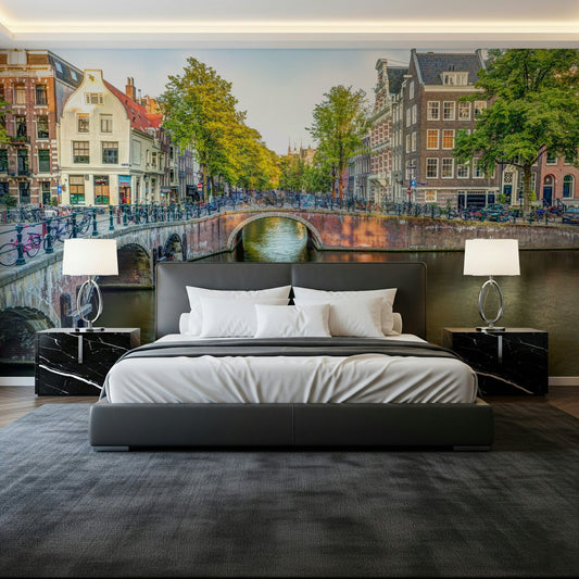 Visit Amsterdam wall mural in a modern living room setting.
