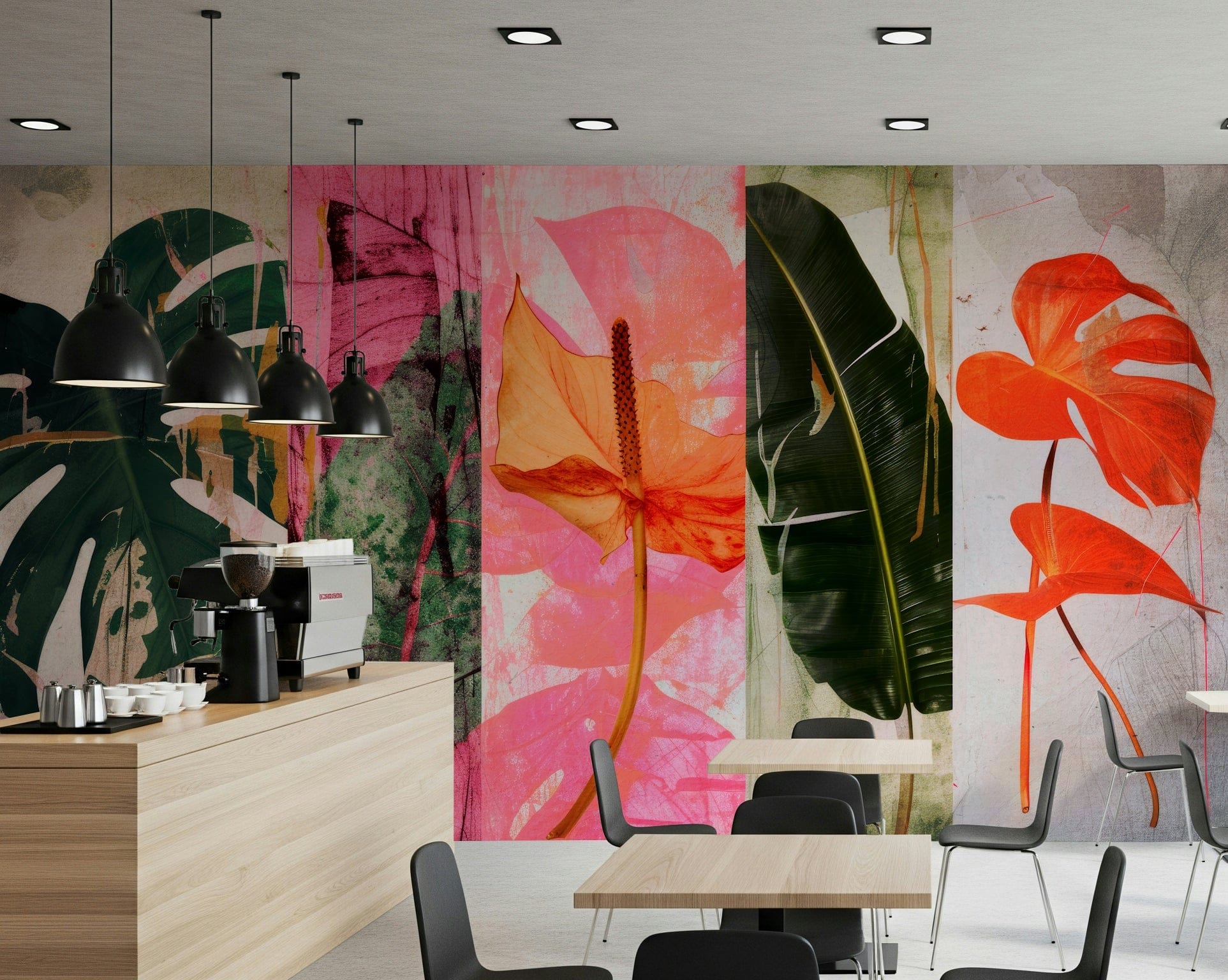 A graceful subtle flower wall mural in bright, bold tones.