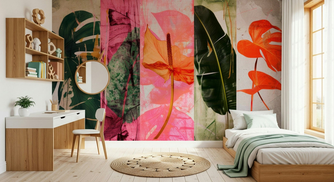 A beautiful vivid botanical wallpaper mural with patchwork design.