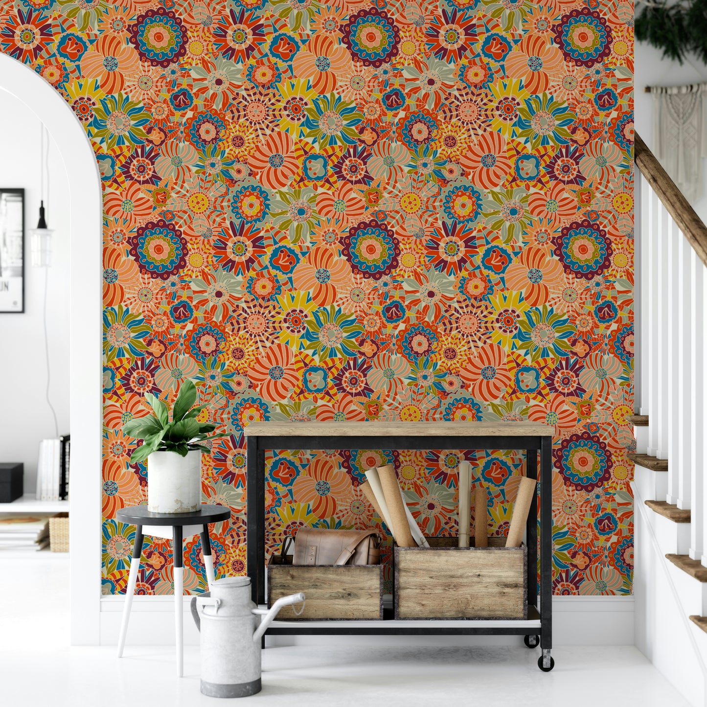 Wallpaper with a folk-art-inspired Scandinavian style.

