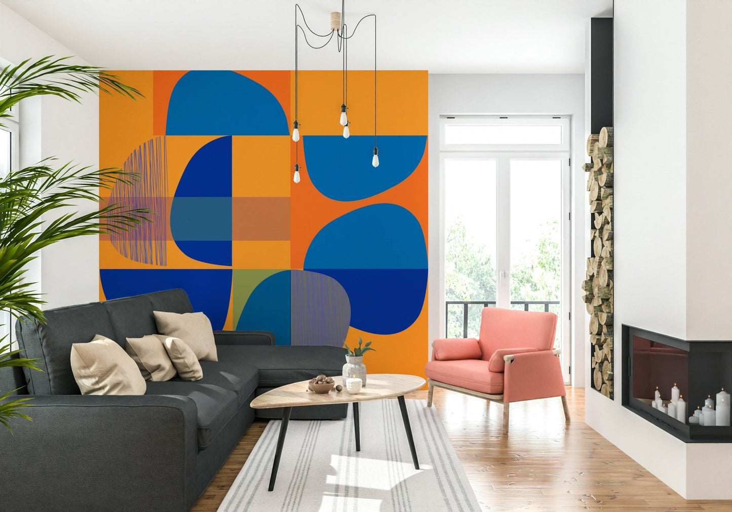 Corner of a bright dining room featuring the bold Vivid Geometry Wall Mural.