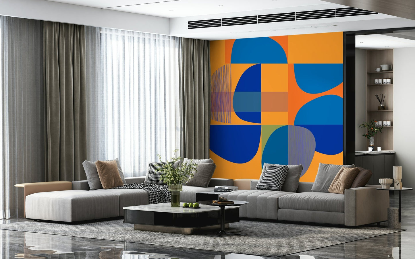 Bedroom feature wall highlighting the colorful Vivid Geometry Wall Mural.