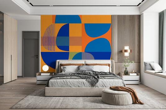 Vivid Geometry Wall Mural brightening a contemporary, stylish living room.