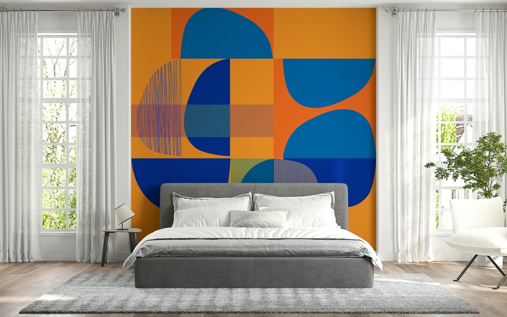 Mid-century styled space showcasing the easy peel and stick Vivid Geometry Wall Mural.